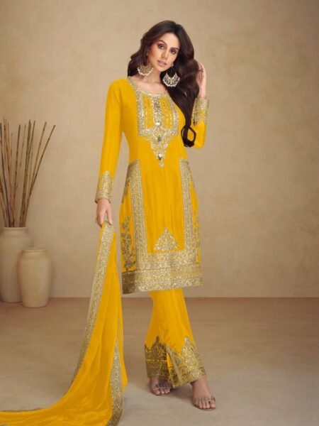 Chinon Silk Multi Needle & Sequins Embroidered Mustard Straight Fit