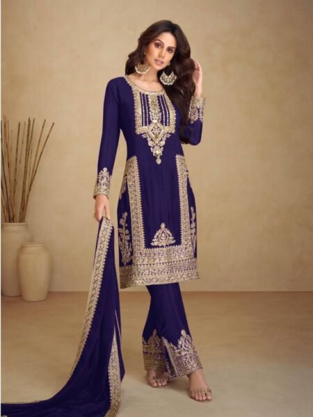 Chinon Silk Multi Needle & Sequins Embroidered Navy Blue Straight Fit