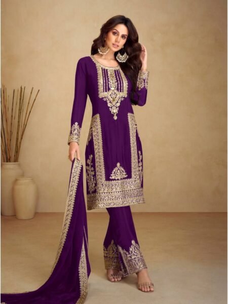 Chinon Silk Multi Needle & Sequins Embroidered Wine Straight Fit