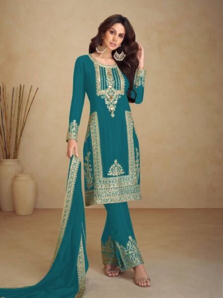 Chinon Silk Multi Needle & Sequins Embroidered Rama Straight Fit