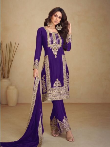 Chinon Silk Multi Needle & Sequins Embroidered Falsa Straight Fit