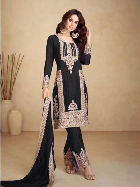 Chinon Silk Multi Needle & Sequins Embroidered Black Straight Fit