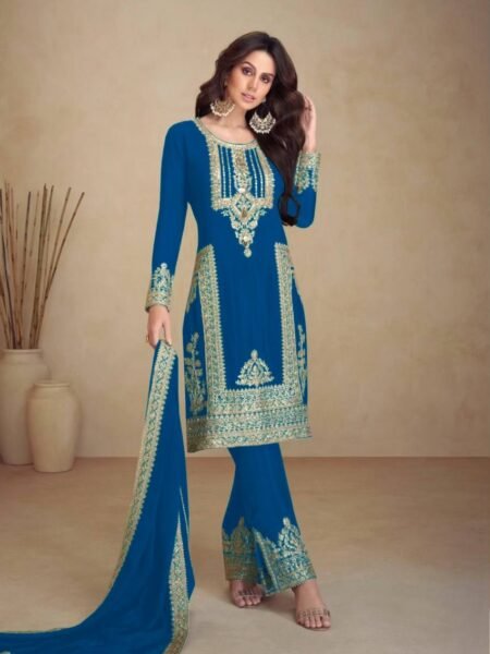 Chinon Silk Multi Needle & Sequins Embroidered Morpinch Straight Fit