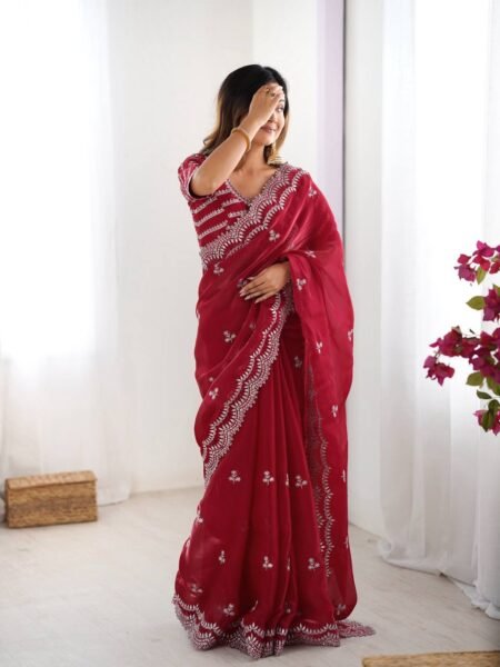 Red Jimmy Chu Thread & Sequins Saree for Weddings