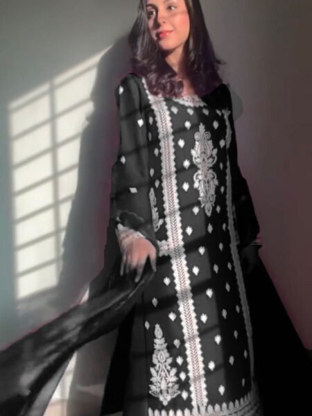 Ready to Wear Black Roman Silk Embroidered Straight Kurta with Palazzo & Dupatta