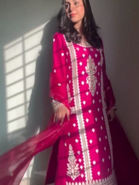 Ready to Wear Pink Roman Silk Embroidered Straight Kurta with Palazzo & Dupatta