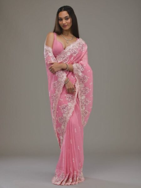 Premium Pink Crunchy With Heavy Embroidery Threads & Sequins Work Saree