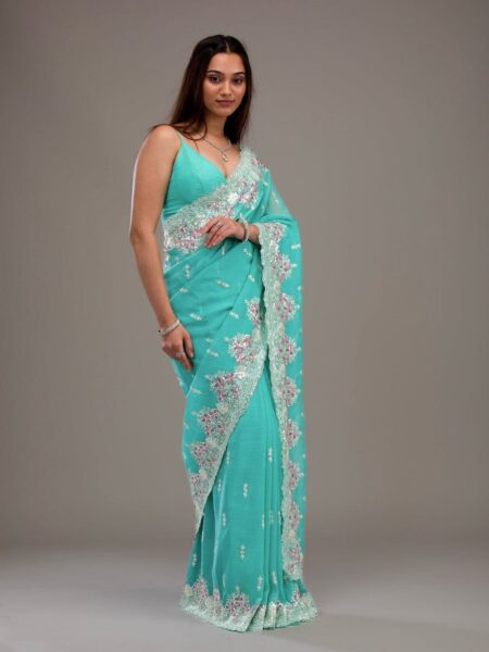 Premium Blue Crunchy With Heavy Embroidery Threads & Sequins Work Saree