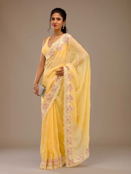Premium Yellow Crunchy With Heavy Embroidery Threads & Sequins Work Saree
