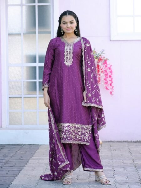 Elegant Purple Chinon Fit with Stone Work & Sequins Embroidery
