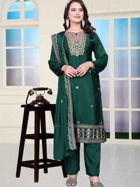Ethnic Green Coding & Embroidered Work Fully Stitched 3 Pc Suit