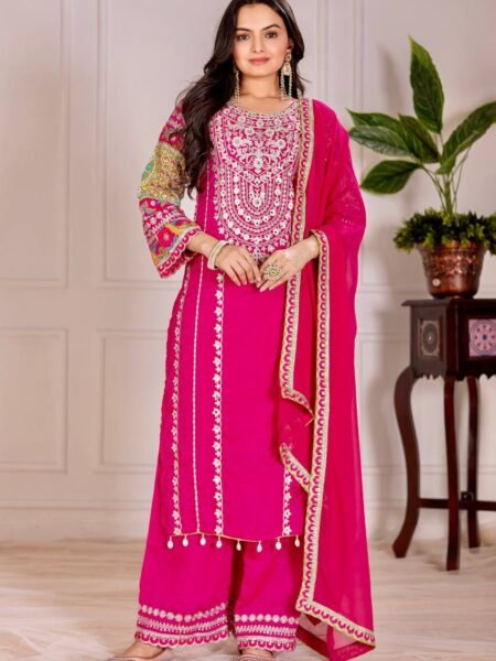Vichitra Silk Pakistani Suit - Pink Embroidered & Mirror Work Set for Weddings