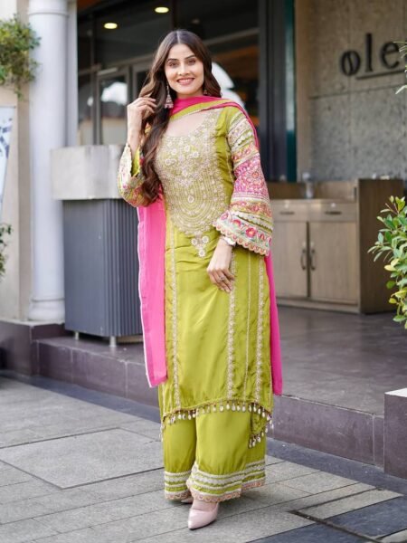 Vichitra Silk Pakistani Suit - Green Embroidered & Mirror Work Set for Weddings