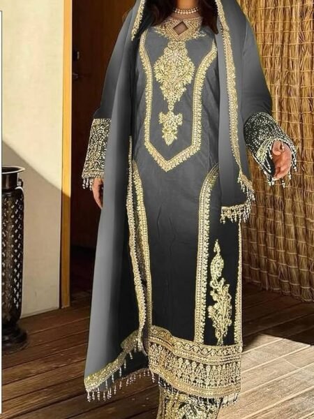 Chinon Silk Black Dual Tone Set - Ethnic Heavy Embroidered Work with Fancy Latkans Suit