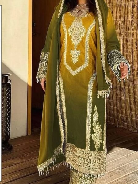 Chinon Silk Yellow Dual Tone Set - Ethnic Heavy Embroidered Work with Fancy Latkans Suit