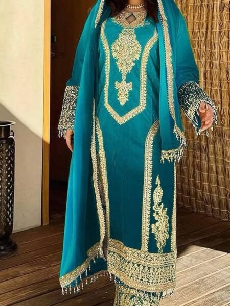 Chinon Silk Blue Dual Tone Set - Ethnic Heavy Embroidered Work with Fancy Latkans Suit