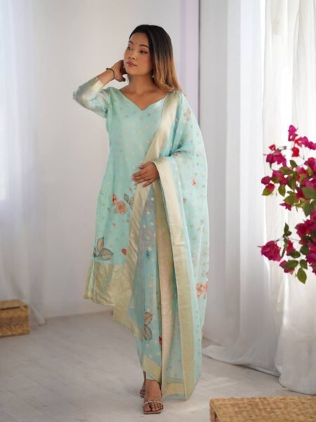 Chanderi Silk Kurta Pant - Mint Green Suit with Jacquard Work & Floral Digital Print