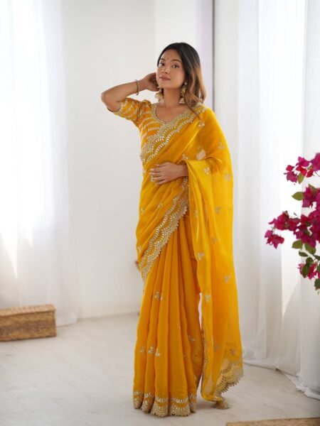 Yellow Jimmy Chu Thread & Sequins Saree for Weddings