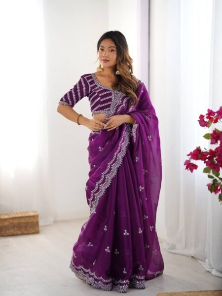 Purple Jimmy Chu Thread & Sequins Saree for Weddings