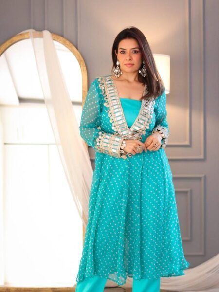 Chinon Designer Suit - Blue Digital Printed with Mirror & Embroidery Work for Weddings