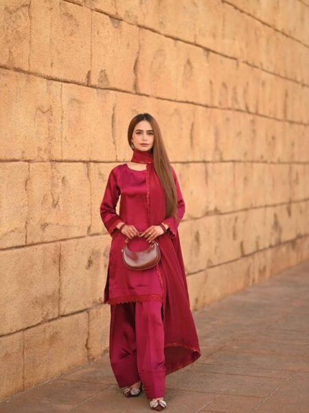 French Crape Pakistani Style Suit - Red Sequins Embroidered Set for Occasions