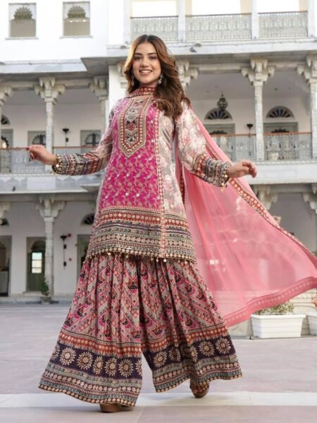 Georgette Palazzo Set - Ethnic Digital Printed & Mirror Hand Work Suit for Festivals