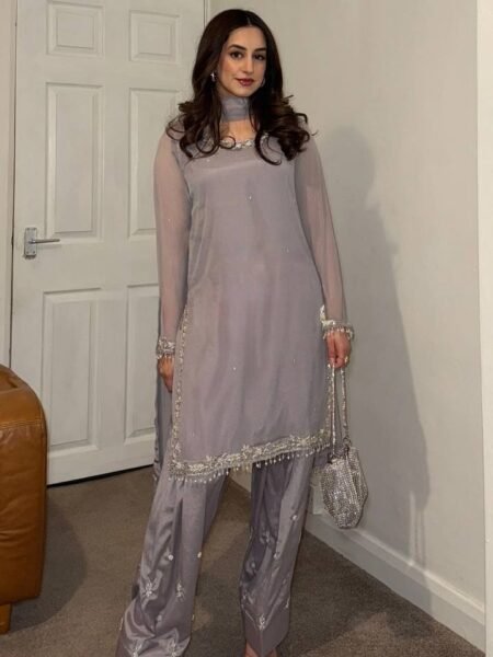 Ayra Dusk Georgette Farshi Pant & Kurta Set with Embroidery & Beads Work