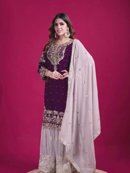 Georgette Kurta Sharara Set - Embroidery & Rivet Moti Work for Weddings