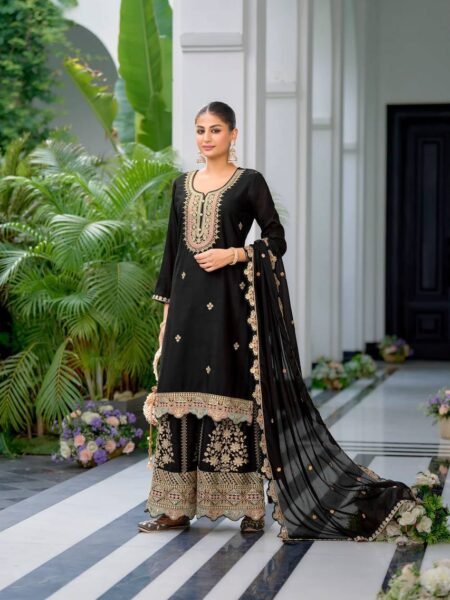 Chinon Silk Kurta Sharara Set - Black Multi Thread Embroidery & Sequins Work