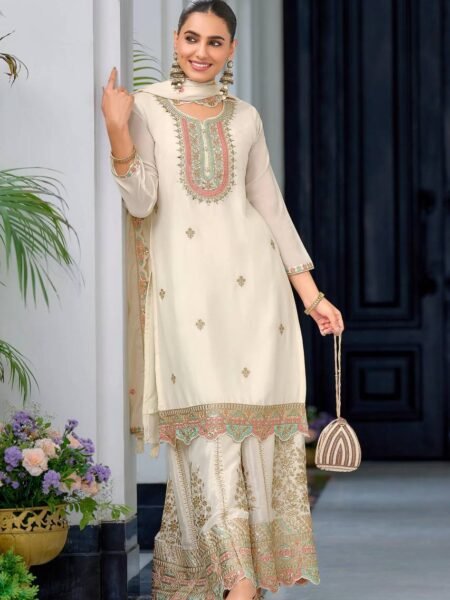 Chinon Silk Kurta Sharara Set - White Multi Thread Embroidery & Sequins Work