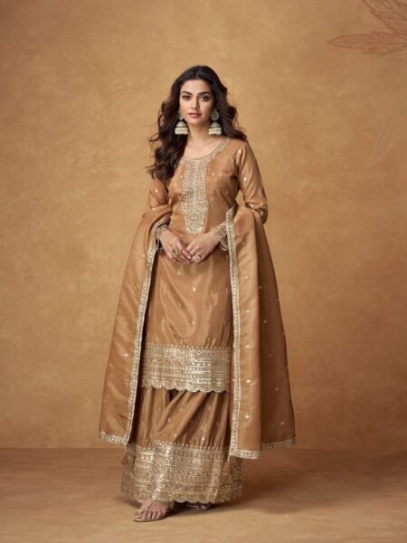 Chinon Silk Palazzo Set - Ethnic Brown Sequins Embroidered Suit for Festivals