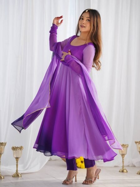 Beautiful Purple Georgette Anarkali with Lace Border Dupatta for Parties