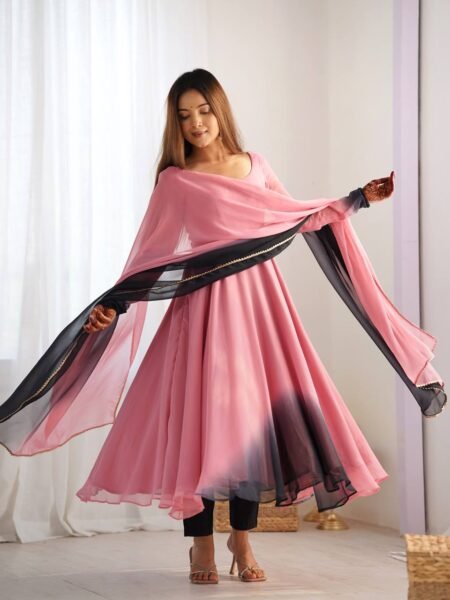 Beautiful Onion Pink Georgette Anarkali with Lace Border Dupatta for Parties