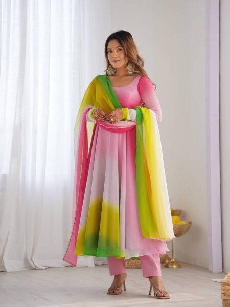 Beautiful Multi Color Georgette Anarkali with Lace Border Dupatta for Parties