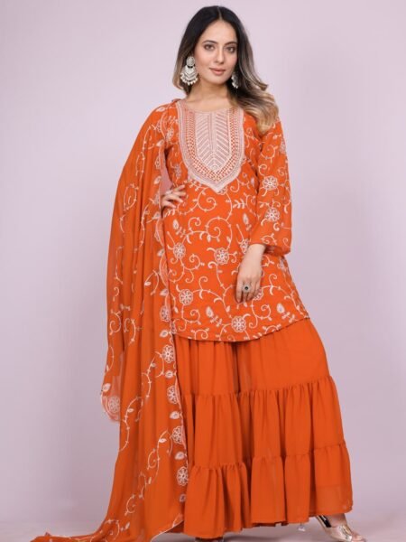 Designer Georgette Sharara Set - Orange Embroidered Suit for Festivals