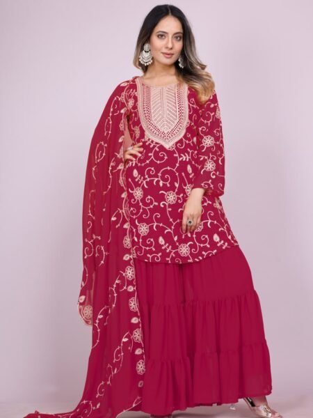 Designer Georgette Sharara Set - Red Embroidered Suit for Festivals
