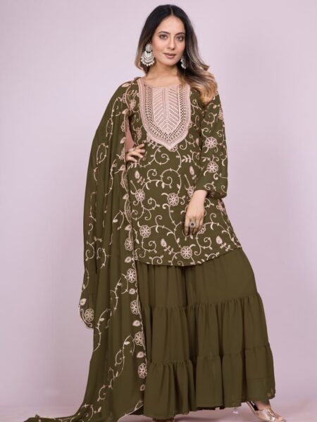 Designer Georgette Sharara Set - Mehendi Embroidered Suit for Festivals