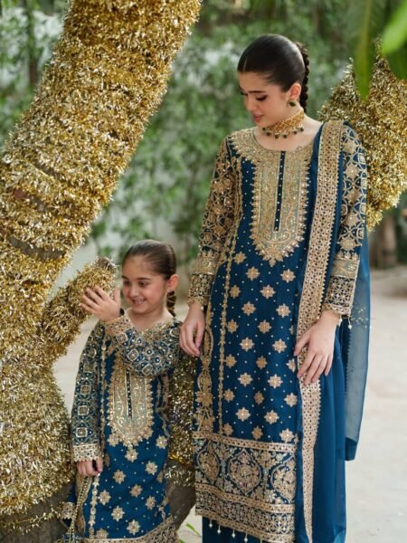 Heavy Georgette Sequins Embroidered Kurti Pant Mother Daughter Combo set