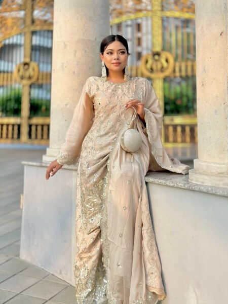 Chinon Silk Sharara Set - Ethnic Embroidered & Mirror Work Suit for Weddings