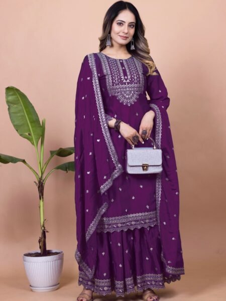 Wine Color Sequins Embroidered kurta Sharara Set for Weddings