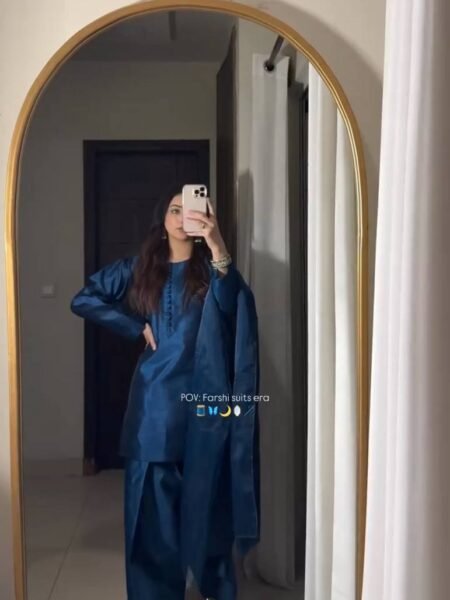 Moss Satin Farshi Salwar Suit - Blue Ethnic Set with Organza Dupatta