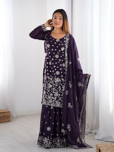Premium Star Georgette Kurta Sharara - Wine Thread & Sequins Work for Occasions