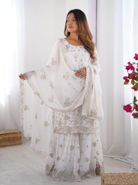 Premium Star Georgette Kurta Sharara - White Thread & Sequins Work for Occasions