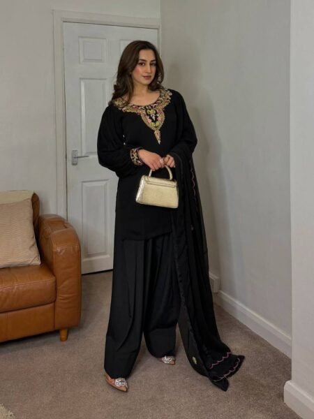 Georgette Pakistani Style Sharara Set - Ethnic Black Embroidered Suit for Festivals