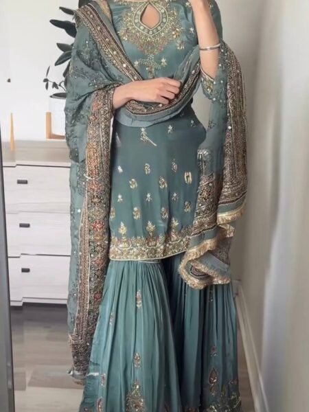 Meher Blue Straight Kurta Set with Sharara & Elegant Dupatta