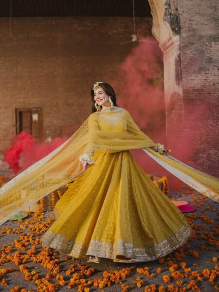 Eshara Yellow Embroidered Chinon Silk Gown Set with Tassel Sleeves & Butterfly Net Dupatta