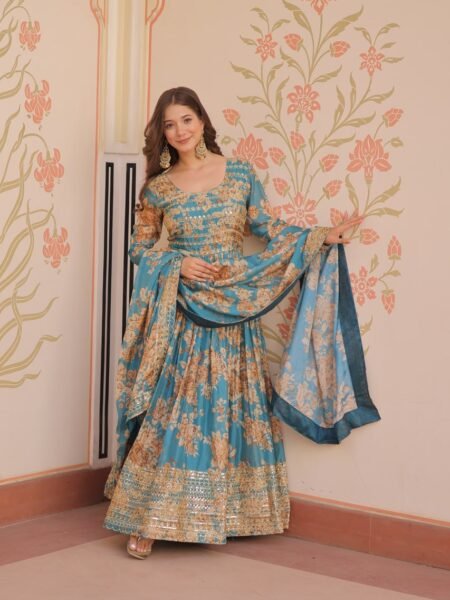 Blue Russian Silk Ethnic Digital Printed, Embroidered Gown with Dupatta