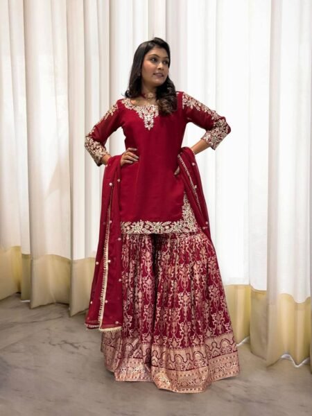 Georgette Kurta with Jacquard Sharara - Ethnic Sequins & Embroidery Work