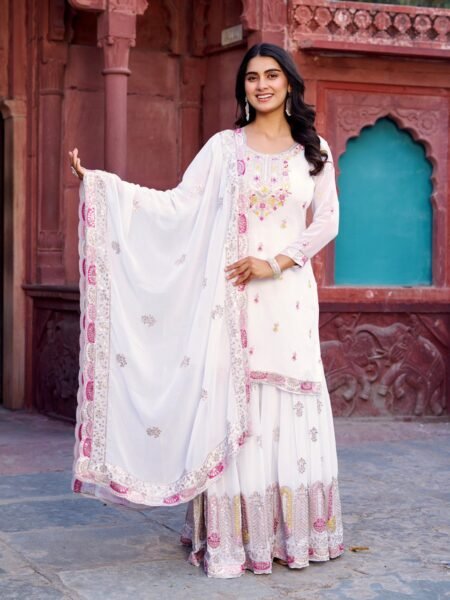 Georgette Ready to Wear White Sharara for Women - Ethnic Thread & Sequins Work