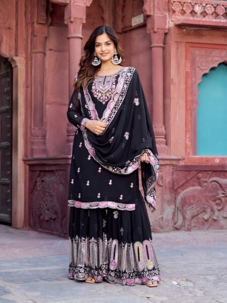 Georgette Ready to Wear Black Sharara for Women - Ethnic Thread & Sequins Work